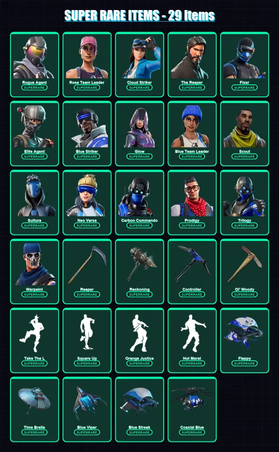[PS4/PS5/XBOX/PC] | Rogue Agent | Rose Team Leader | Cloud Striker | The Reaper | Fixer | 85 skin | 102 pickaxe | 101 emote | 98 glider | Lv1697