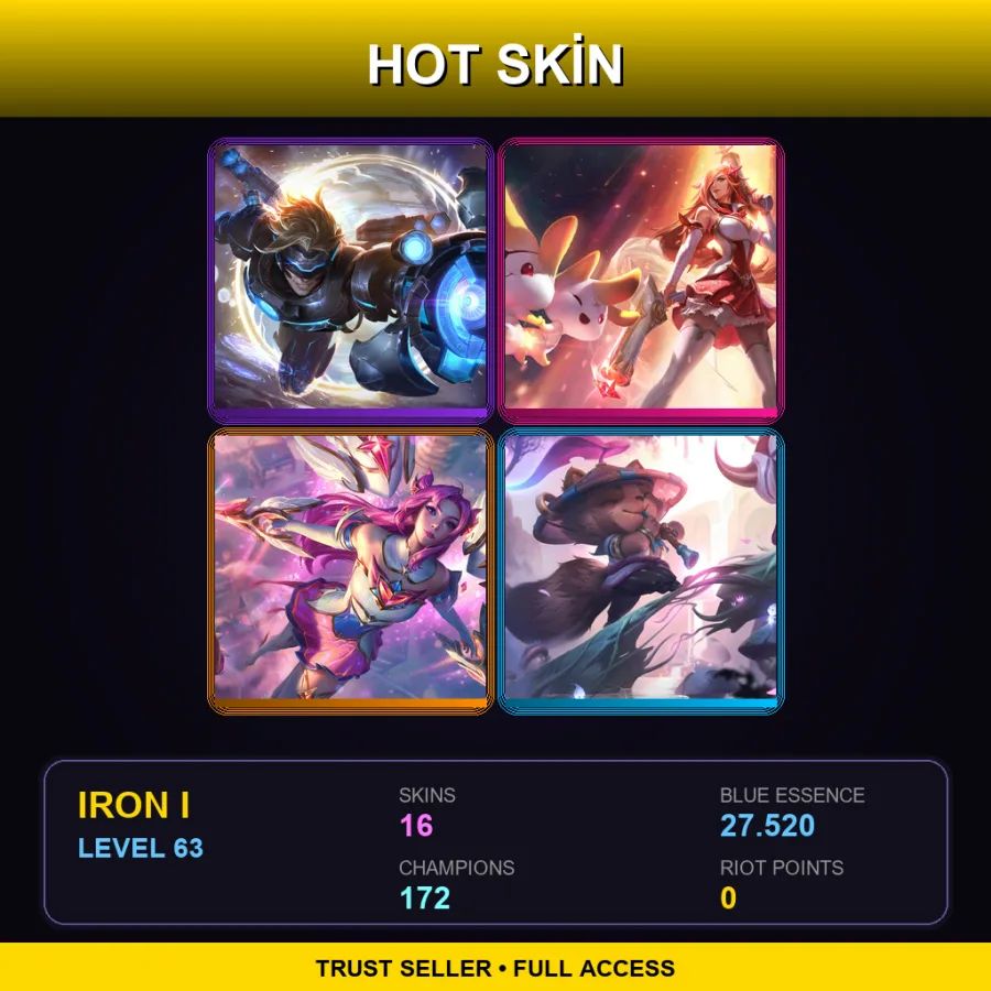 SG | Lv63 | Iron I | 16 Skin | 172 Champ — LoL account