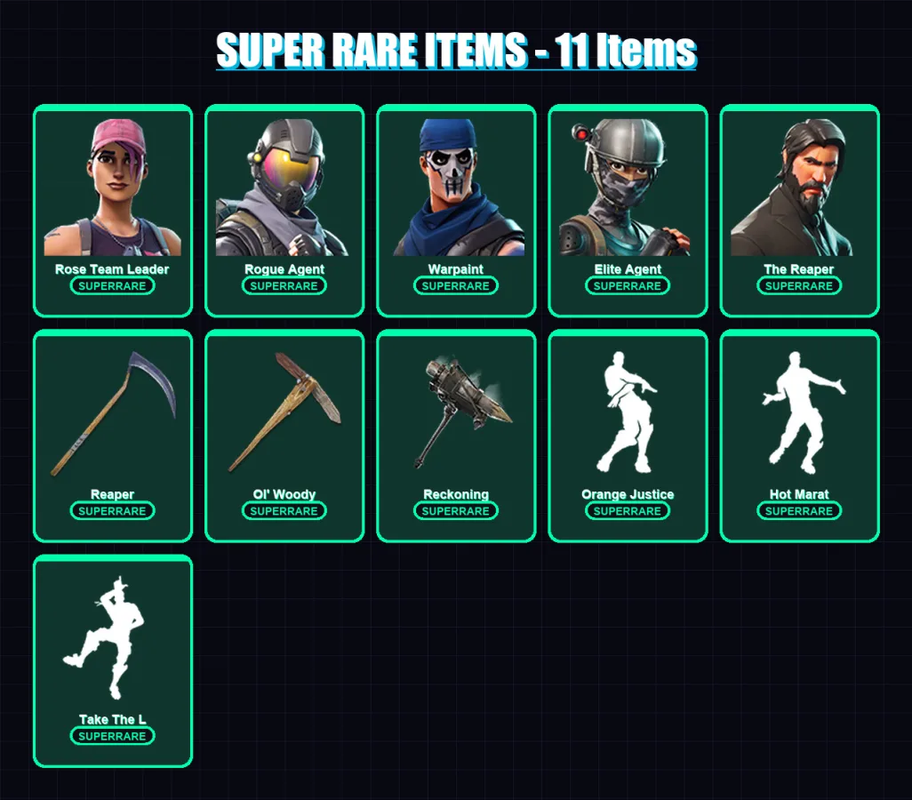 [PC/PSN] | Rose Team Leader | Rogue Agent | Warpaint | Elite Agent | The Reaper | 100 skin | 81 pickaxe | 82 emote | 72 glider | Lv866