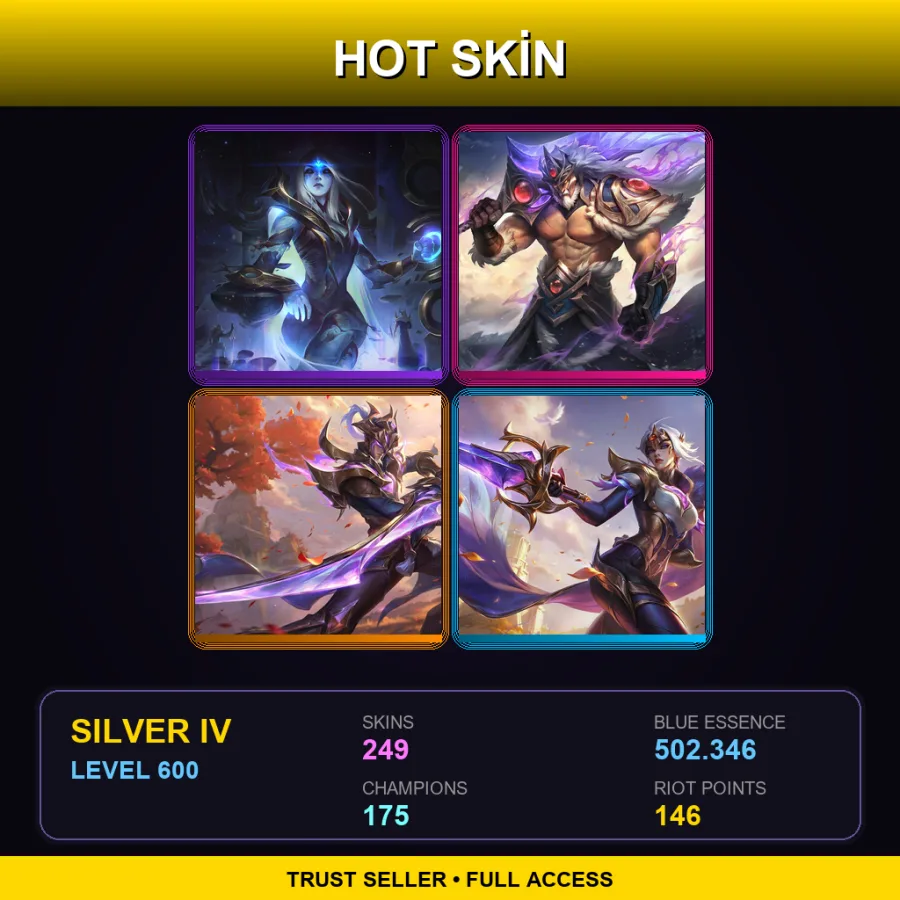 LAS | Cosmic Queen Ashe | Victorious Tryndamere | Victorious Master Yi | Victorious Fiora | 249 Skin | 175 Champ | Silver IV | Lv600