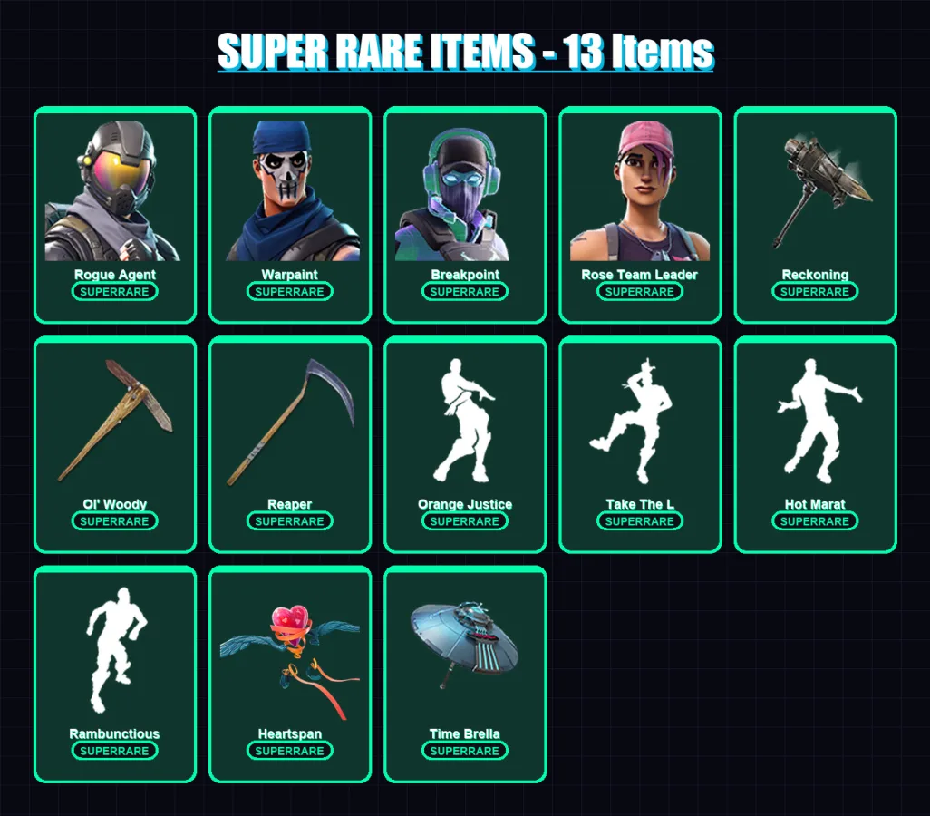 [PS4/PS5/PC] | Rogue Agent | Warpaint | Breakpoint | Rose Team Leader | Frozen Raven | 117 skin | 98 pickaxe | 101 emote | 97 glider | Lv1117