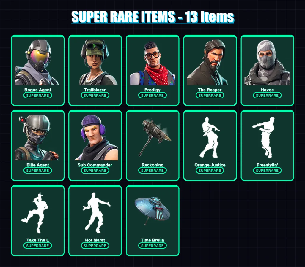 [PS4/PS5/XBOX/PC] | Rogue Agent | Trailblazer | Prodigy | The Reaper | Havoc | 71 skin | 55 pickaxe | 69 emote | 68 glider | Lv1147