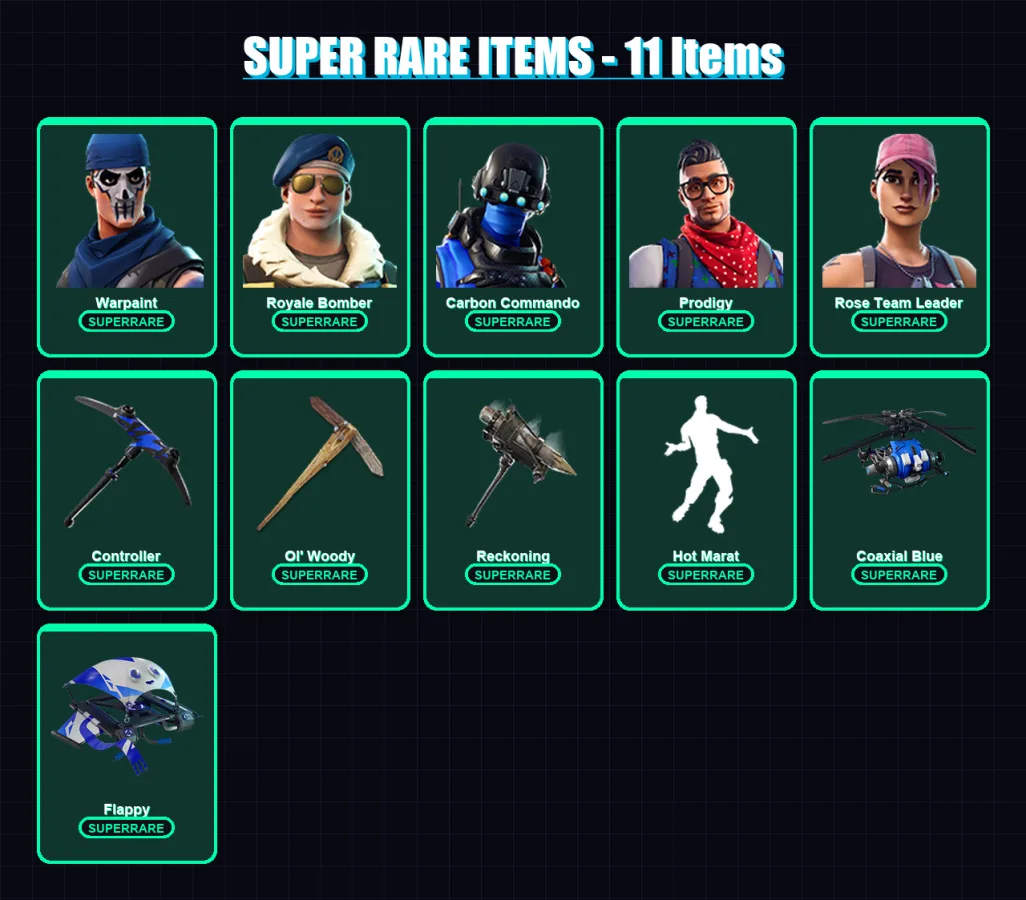 [PS4/PS5/XBOX/PC] | Warpaint | Royale Bomber | Carbon Commando | Prodigy | Rose Team Leader | 41 skin | 55 pickaxe | 52 emote | 47 glider | Lv348