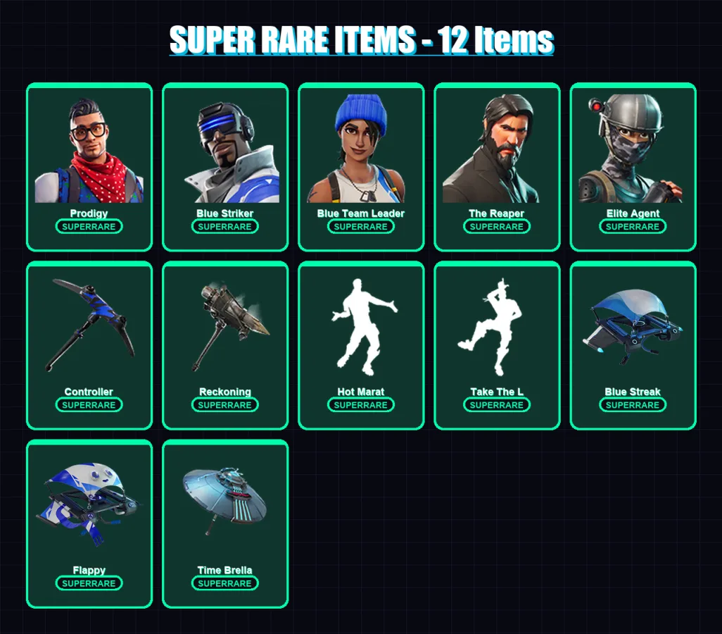 [PC/XBOX] | Prodigy | Blue Striker | Blue Team Leader | The Reaper | Elite Agent | 14 skin | 16 pickaxe | 28 emote | 23 glider | Lv376