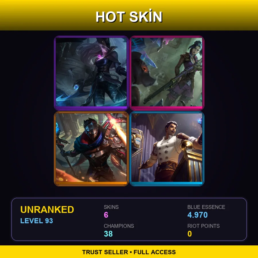 EUW | Lv93 | Unranked | 6 Skin | 38 Champ — LoL account