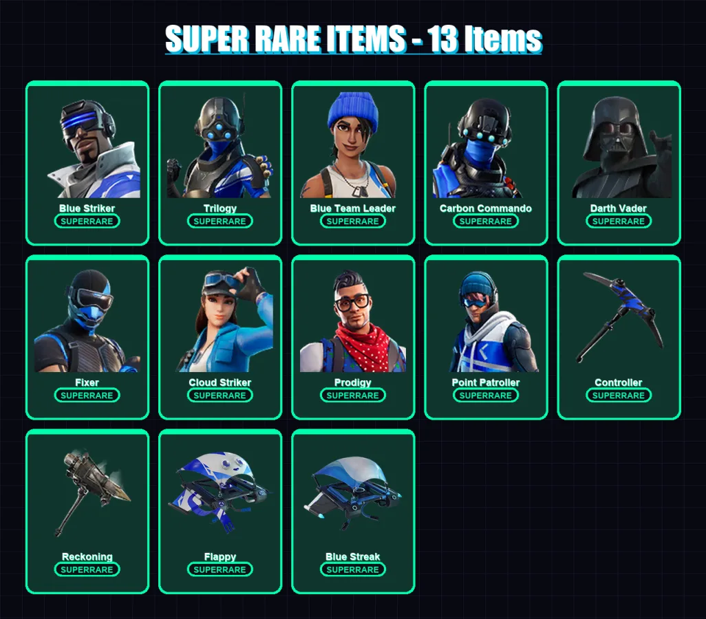 [PC/XBOX/PSN] | Blue Striker | Trilogy | Blue Team Leader | Carbon Commando | Darth Vader | 72 skin | 54 pickaxe | 51 emote | 62 glider | Lv734
