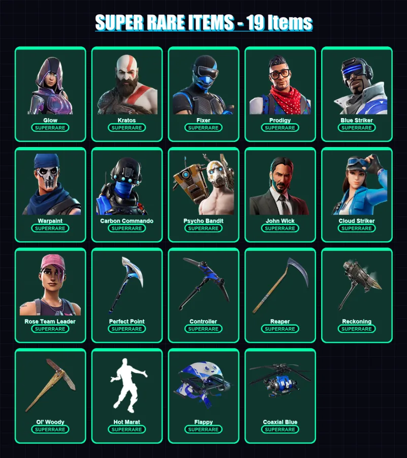 [PS4/PS5/XBOX/PC] | Glow | Kratos | Fixer | Prodigy | Blue Striker | 170 skin | 126 pickaxe | 121 emote | 124 glider | Lv1405