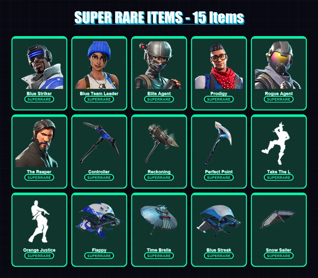 [PS4/PS5/XBOX/PC] | Blue Striker | Blue Team Leader | Elite Agent | Prodigy | Rogue Agent | 45 skin | 71 pickaxe | 61 emote | 72 glider | Lv959