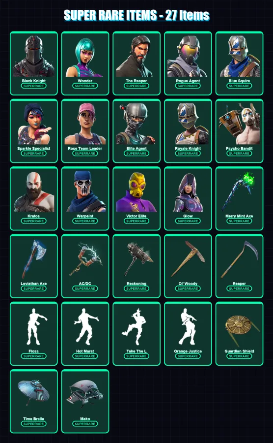 [PC/PSN] | Black Knight | Wonder | The Reaper | Rogue Agent | Blue Squire | 209 skin | 157 pickaxe | 134 emote | 137 glider | Lv1793 — Fortnite account