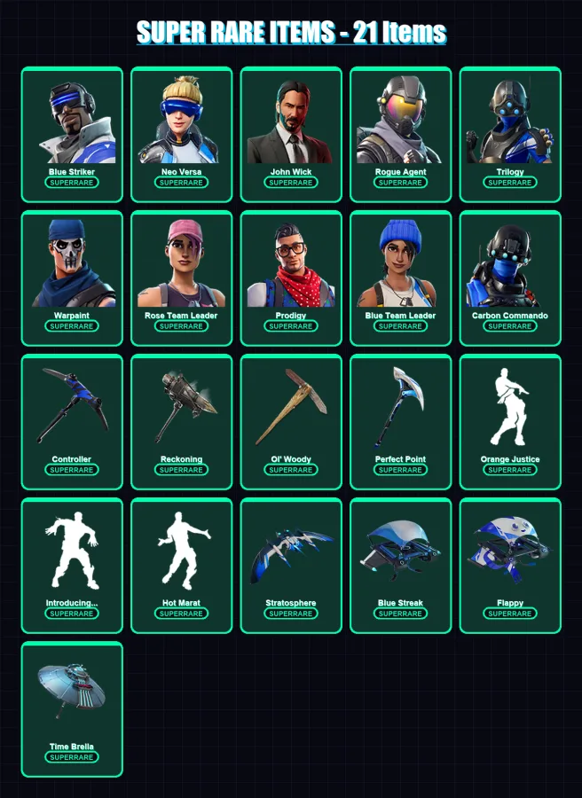 [PS4/PS5/XBOX/PC] | Blue Striker | Neo Versa | John Wick | Rogue Agent | Trilogy | 107 skin | 75 pickaxe | 92 emote | 79 glider | Lv942 — Fortnite account