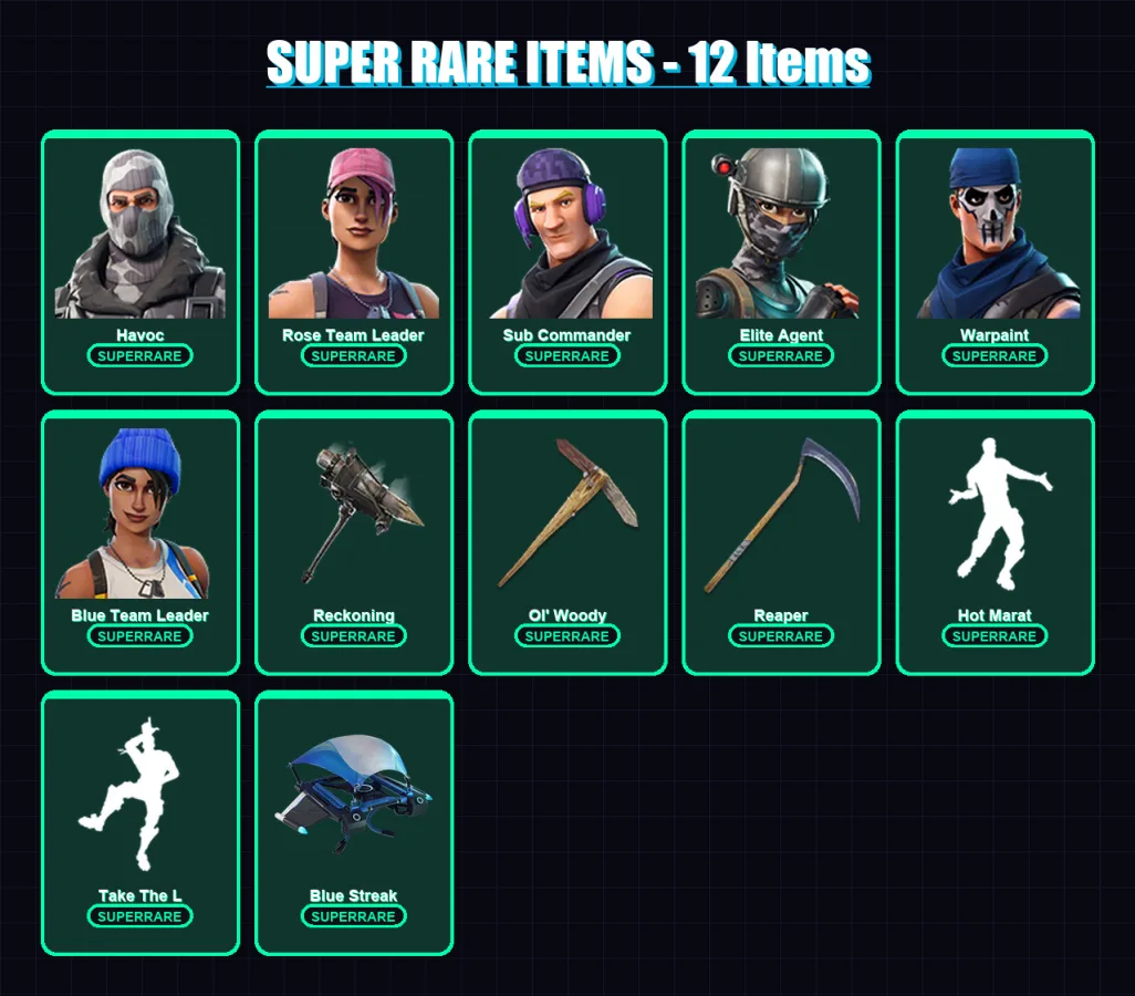 [PS4/PS5/XBOX/PC] | Havoc | Rose Team Leader | Sub Commander | Elite Agent | Warpaint | 38 skin | 40 pickaxe | 52 emote | 52 glider | Lv584
