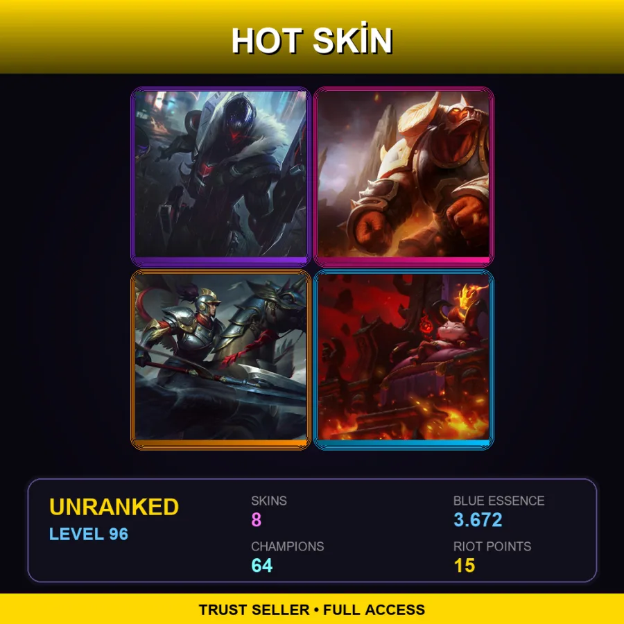 EUW | Lv96 | Unranked | 8 Skin | 64 Champ — LoL account