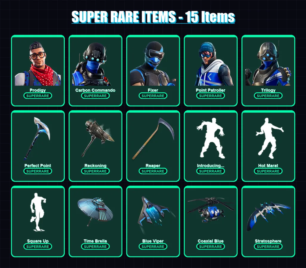 [PS4/PS5/XBOX/PC] | Prodigy | Carbon Commando | Fixer | Point Patroller | Trilogy | 123 skin | 172 pickaxe | 149 emote | 158 glider | Lv2150