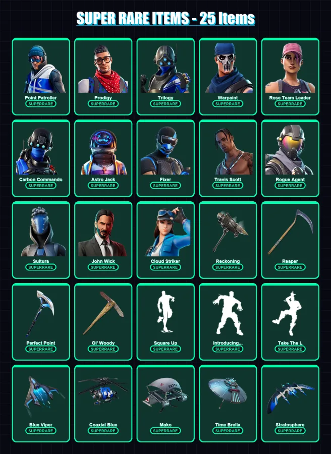 [PS4/PS5/XBOX/PC] | Point Patroller | Prodigy | Trilogy | Warpaint | Rose Team Leader | 234 skin | 226 pickaxe | 224 emote | 185 glider | Lv2492
