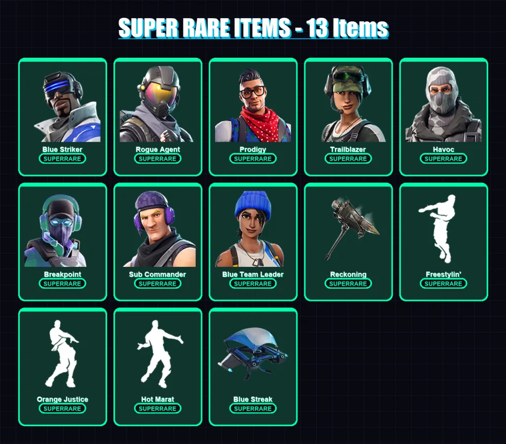 [PC/XBOX/PSN] | Blue Striker | Rogue Agent | Prodigy | Trailblazer | Havoc | 35 skin | 17 pickaxe | 23 emote | 18 glider | Lv225