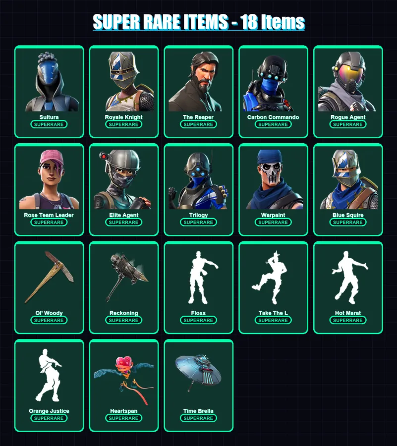 [PS4/PS5/XBOX/PC] | Sultura | Royale Knight | The Reaper | Carbon Commando | Rogue Agent | 82 skin | 87 pickaxe | 82 emote | 100 glider | Lv1211
