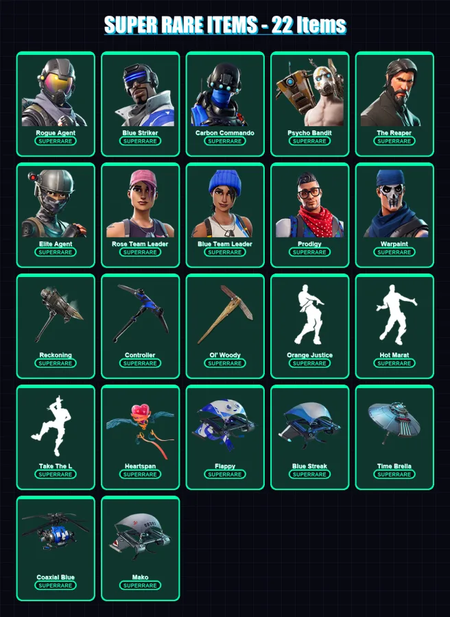 [PC/XBOX/PSN] | Rogue Agent | Blue Striker | Carbon Commando | Psycho Bandit | The Reaper | 113 skin | 84 pickaxe | 105 emote | 99 glider | Lv1261