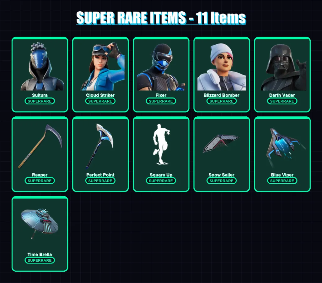 [PS4/PS5/XBOX/PC] | Sultura | Cloud Striker | Fixer | Blizzard Bomber | Darth Vader | 183 skin | 241 pickaxe | 181 emote | 201 glider | Lv3341