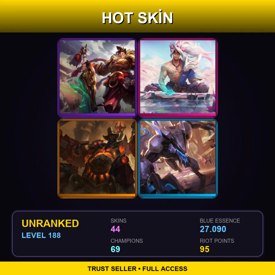 BR | Warring Kingdoms Garen | Spirit Blossom Yasuo | High Noon Urgot | PROJECT: Warwick | 44 Skin | 69 Champ | Lv188