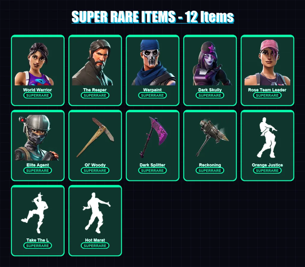 [PC] | World Warrior | The Reaper | Warpaint | Dark Skully | Rose Team Leader | 125 skin | 155 pickaxe | 126 emote | 133 glider | Lv1977 — Fortnite account