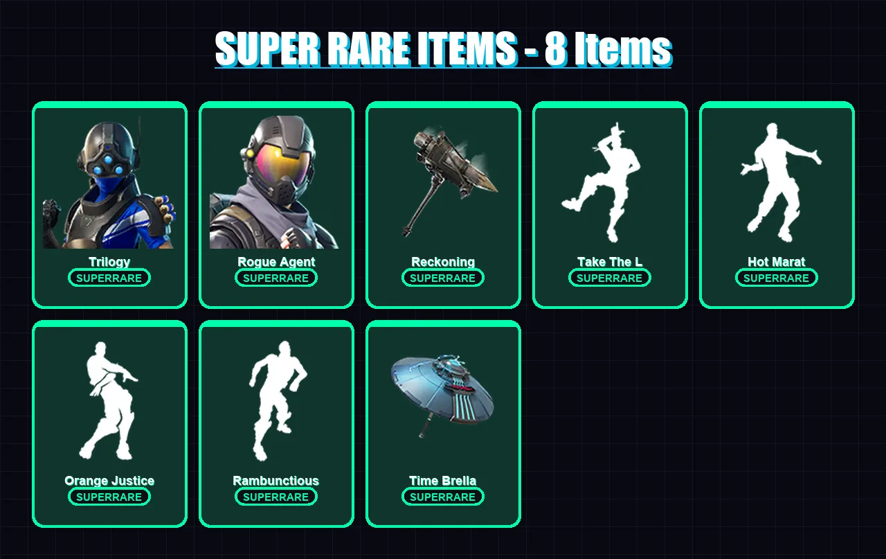[PS4/PS5/XBOX/PC] | Trilogy | Rogue Agent | Zenith | Mandalorian | Renzo the Destroyer | 48 skin | 52 pickaxe | 53 emote | 59 glider | Lv807