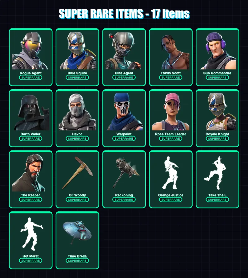 [PC/PSN] | Rogue Agent | Blue Squire | Elite Agent | Travis Scott | Sub Commander | 142 skin | 129 pickaxe | 110 emote | 108 glider | Lv1370