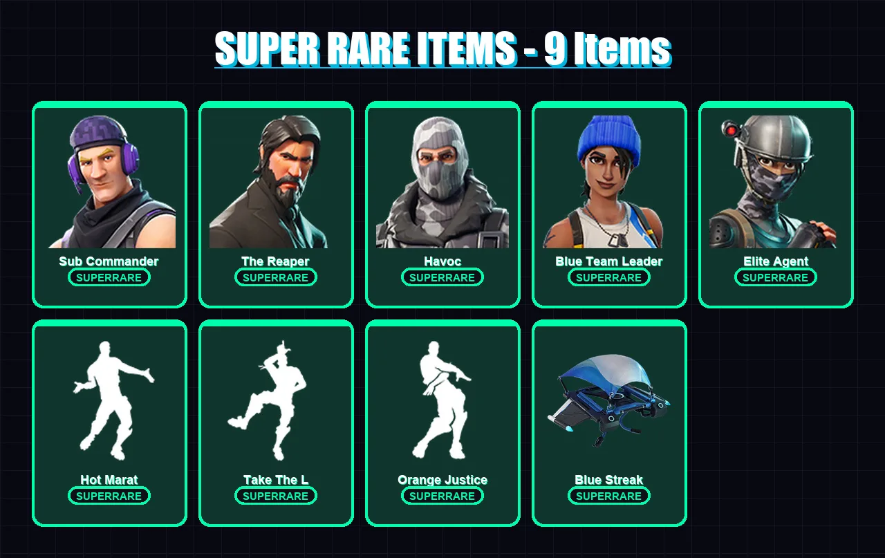 [PS4/PS5/XBOX/PC] | Sub Commander | The Reaper | Havoc | Blue Team Leader | Elite Agent | 12 skin | 13 pickaxe | 26 emote | 25 glider | Lv398