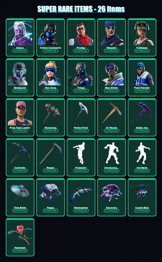 [PS4/PS5/PC] | Galaxy | Carbon Commando | Prodigy | Warpaint | Trailblazer | 205 skin | 259 pickaxe | 192 emote | 208 glider | Lv2941