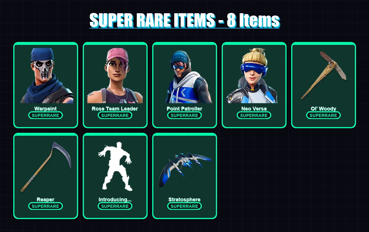 [PC/XBOX] | Warpaint | Rose Team Leader | Point Patroller | Neo Versa | Deadpool | 52 skin | 50 pickaxe | 61 emote | 52 glider | Lv801