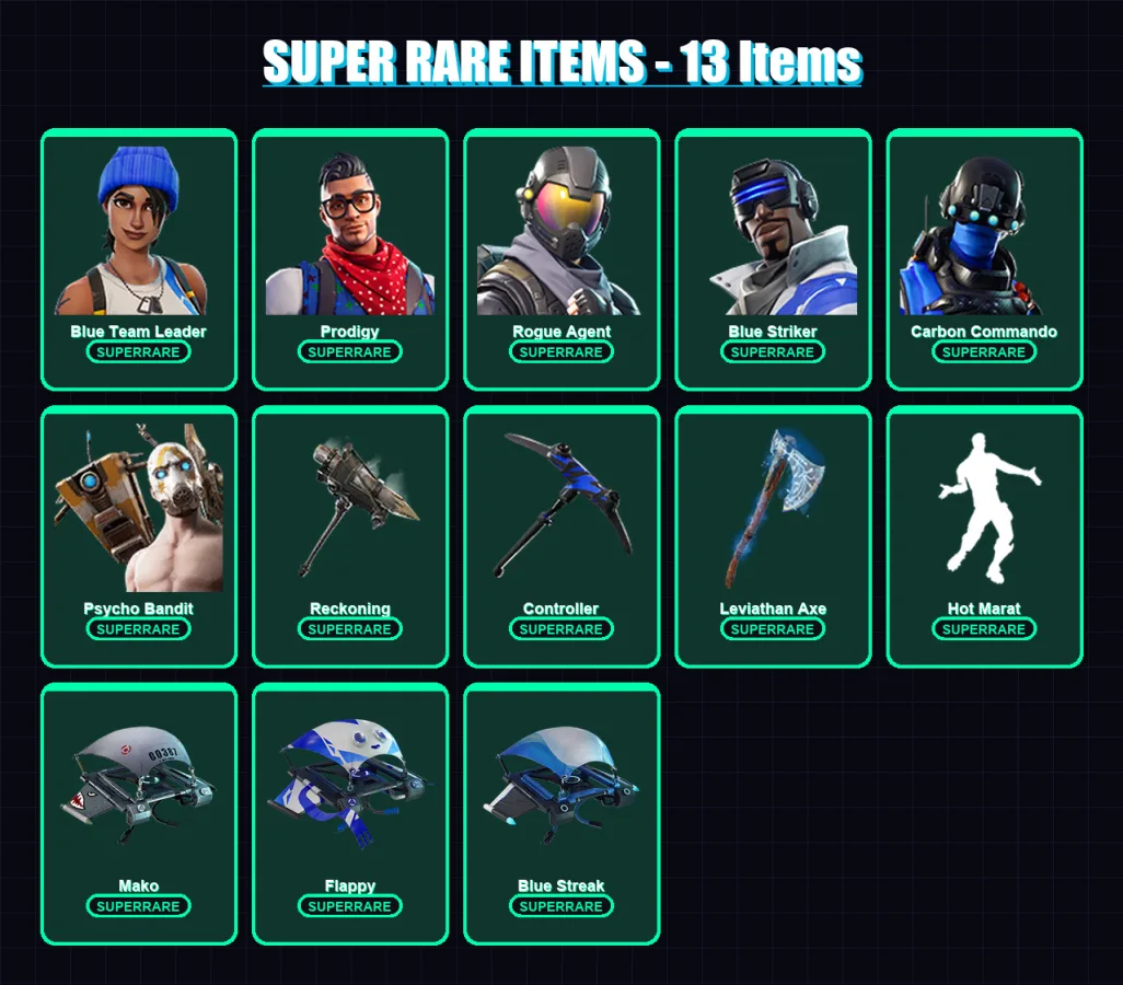[PC/XBOX/PSN] | Blue Team Leader | Prodigy | Rogue Agent | Blue Striker | Carbon Commando | 63 skin | 64 pickaxe | 50 emote | 63 glider | Lv1020