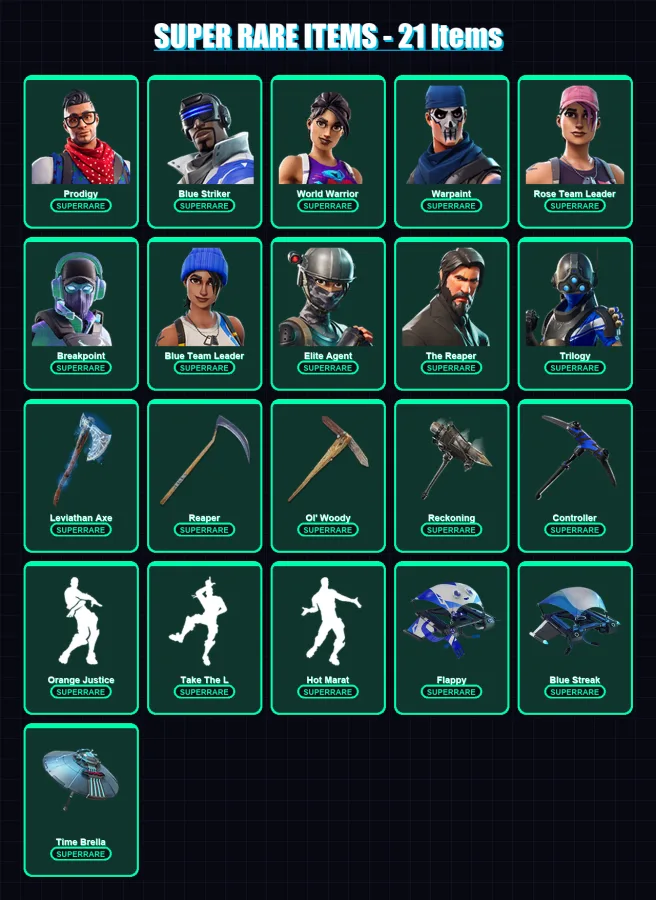 [PC/XBOX] | Prodigy | Blue Striker | World Warrior | Warpaint | Rose Team Leader | 124 skin | 125 pickaxe | 107 emote | 115 glider | Lv1747