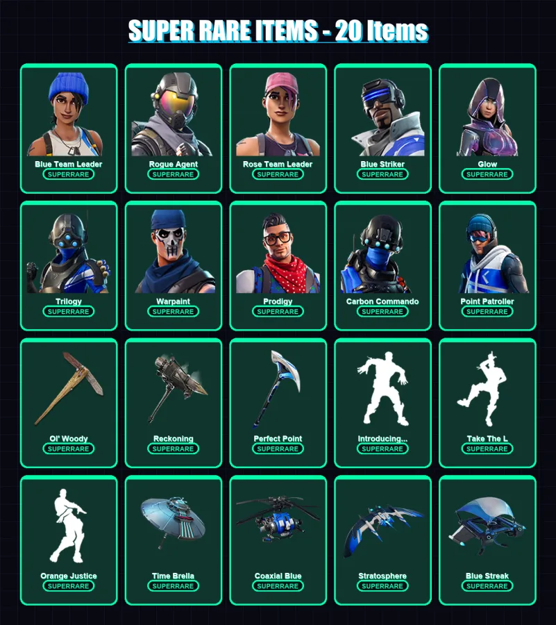 [PS4/PS5/XBOX/PC] | Blue Team Leader | Rogue Agent | Rose Team Leader | Blue Striker | Glow | 98 skin | 96 pickaxe | 113 emote | 90 glider | Lv1358