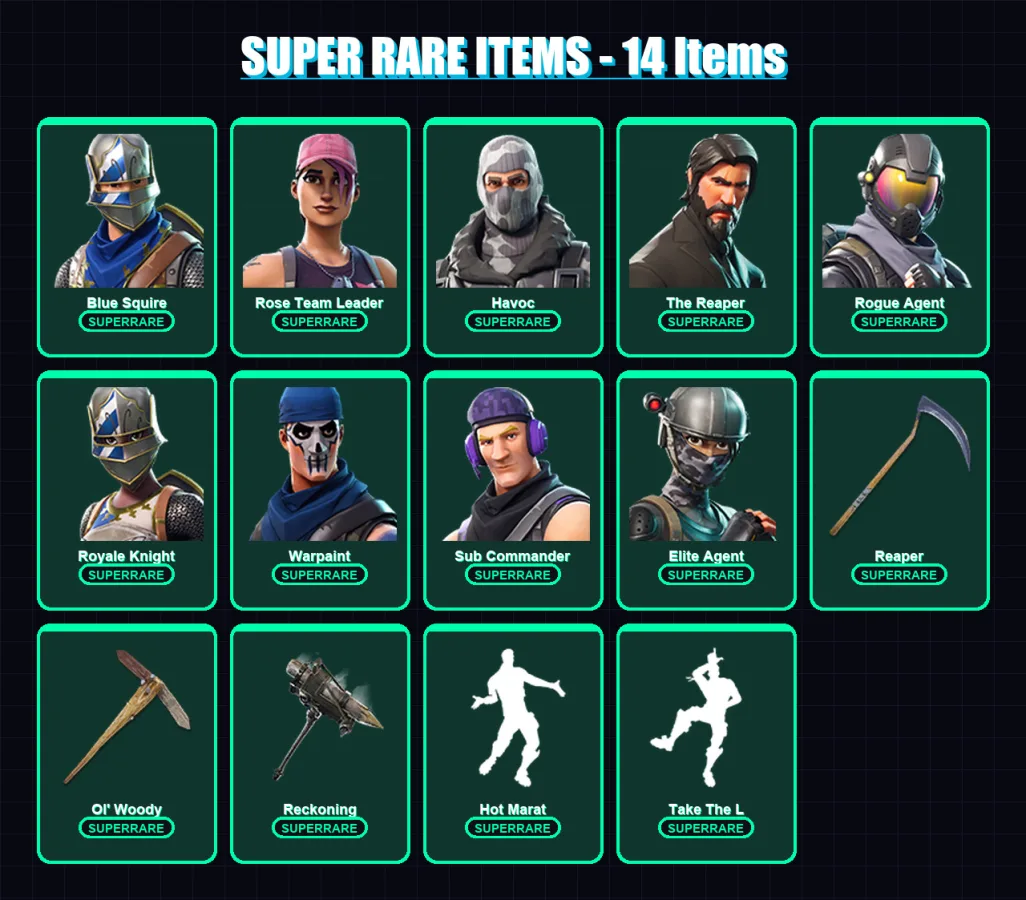 [PC/XBOX/PSN] | Blue Squire | Rose Team Leader | Havoc | The Reaper | Rogue Agent | 30 skin | 20 pickaxe | 32 emote | 28 glider | Lv332