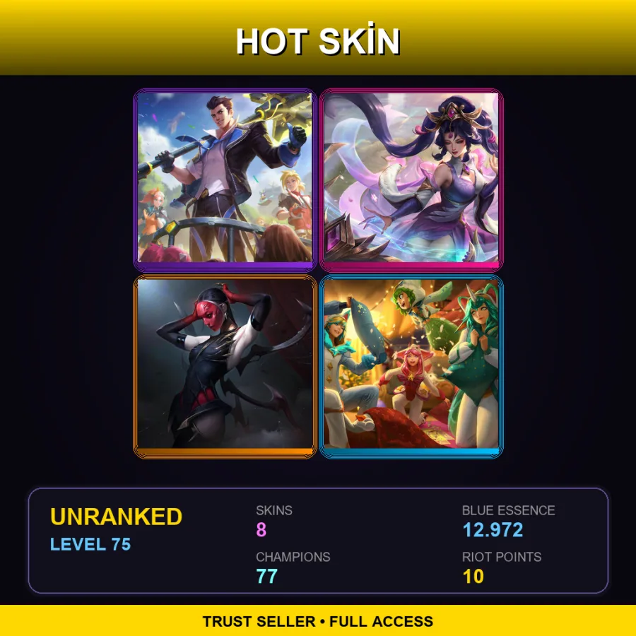 OCE | Lv75 | Unranked | 8 Skin | 77 Champ — LoL account