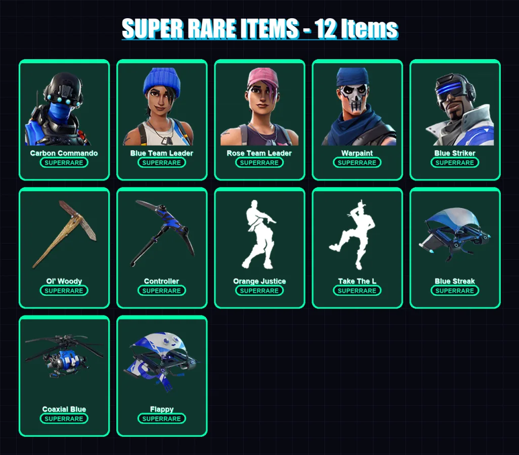 [PC/XBOX] | Carbon Commando | Blue Team Leader | Rose Team Leader | Warpaint | Blue Striker | 51 skin | 38 pickaxe | 54 emote | 50 glider | Lv490