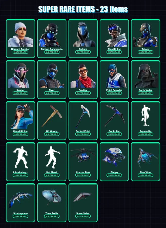 [PS4/PS5/PC] | Blizzard Bomber | Carbon Commando | Sultura | Blue Striker | Trilogy | 223 skin | 316 pickaxe | 238 emote | 259 glider | Lv4185