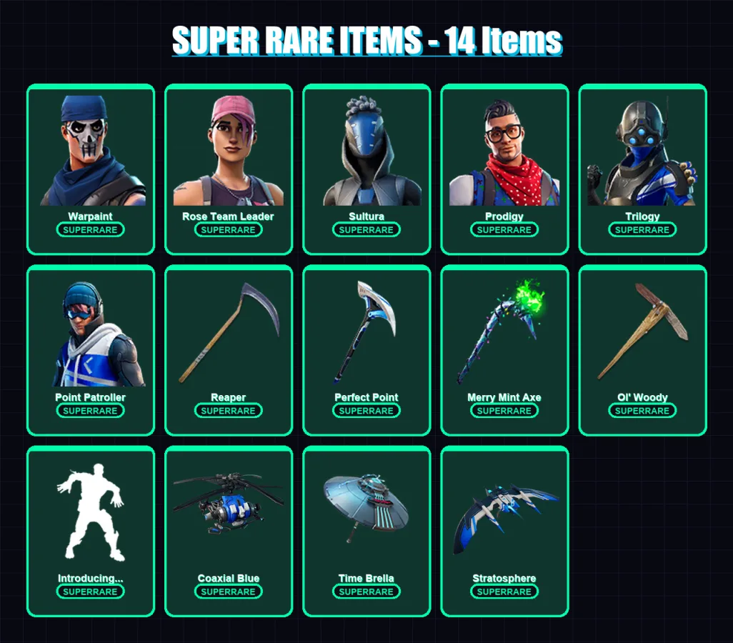 [PC] | Warpaint | Rose Team Leader | Sultura | Prodigy | Trilogy | 62 skin | 71 pickaxe | 76 emote | 67 glider | Lv1082