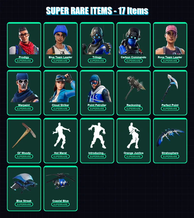 [PS4/PS5/XBOX/PC] | Prodigy | Blue Team Leader | Trilogy | Carbon Commando | Rose Team Leader | 43 skin | 45 pickaxe | 55 emote | 52 glider | Lv780