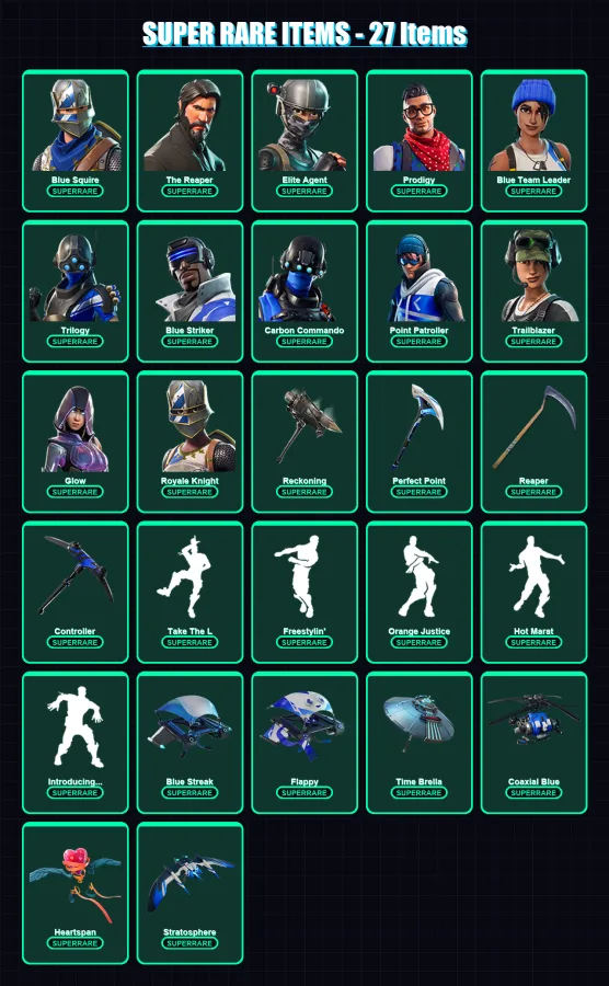 [PS4/PS5/XBOX/PC] | Blue Squire | The Reaper | Elite Agent | Prodigy | Blue Team Leader | 141 skin | 178 pickaxe | 151 emote | 156 glider | Lv2439