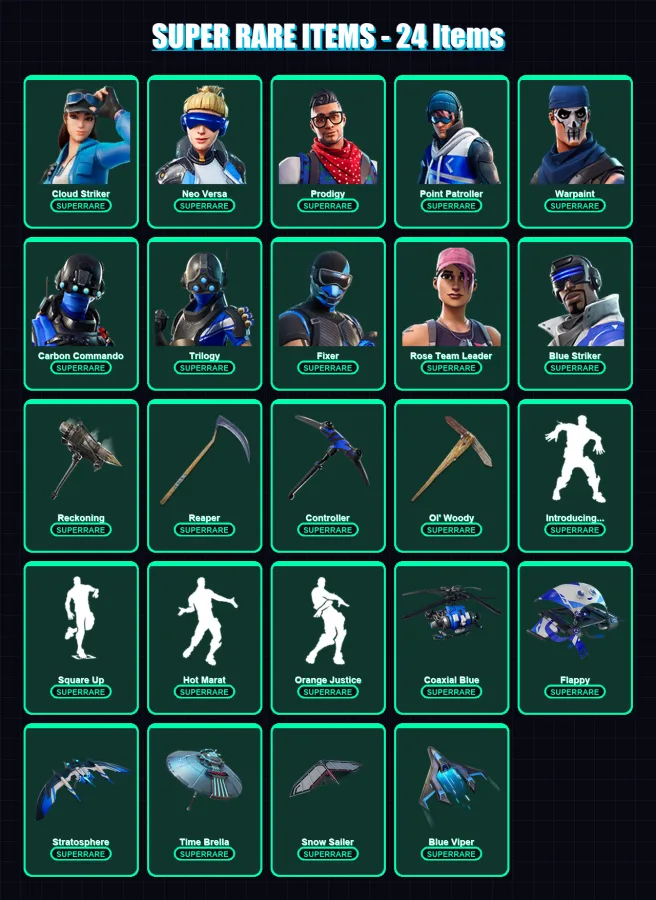 [PS4/PS5/XBOX/PC] | Cloud Striker | Neo Versa | Prodigy | Point Patroller | Warpaint | 106 skin | 125 pickaxe | 105 emote | 117 glider | Lv1828