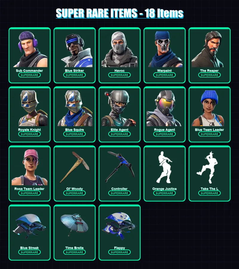 [PC/XBOX] | Sub Commander | Blue Striker | Havoc | Warpaint | The Reaper | 43 skin | 41 pickaxe | 45 emote | 54 glider | Lv668 — Fortnite account
