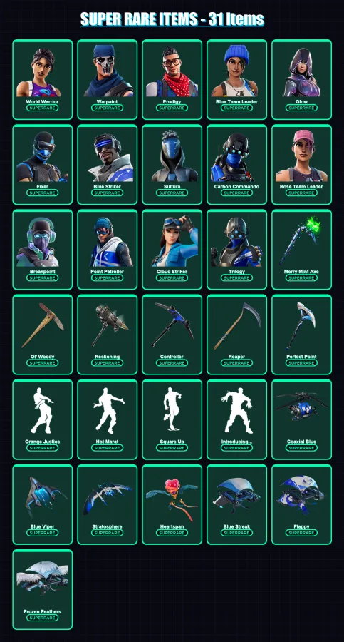 [PC/XBOX/PSN] | World Warrior | Warpaint | Prodigy | Blue Team Leader | Glow | 280 skin | 174 pickaxe | 193 emote | 145 glider | Lv2171