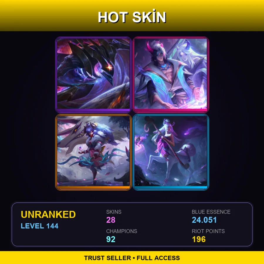 EUW | Lv144 | Unranked | 28 Skin | 92 Champ — LoL account