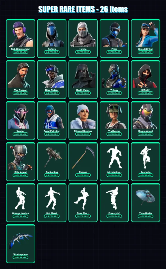 [PS4/PS5/XBOX/PC] | Sub Commander | Sultura | Havoc | Fixer | Cloud Striker | 214 skin | 194 pickaxe | 149 emote | 165 glider | Lv2480