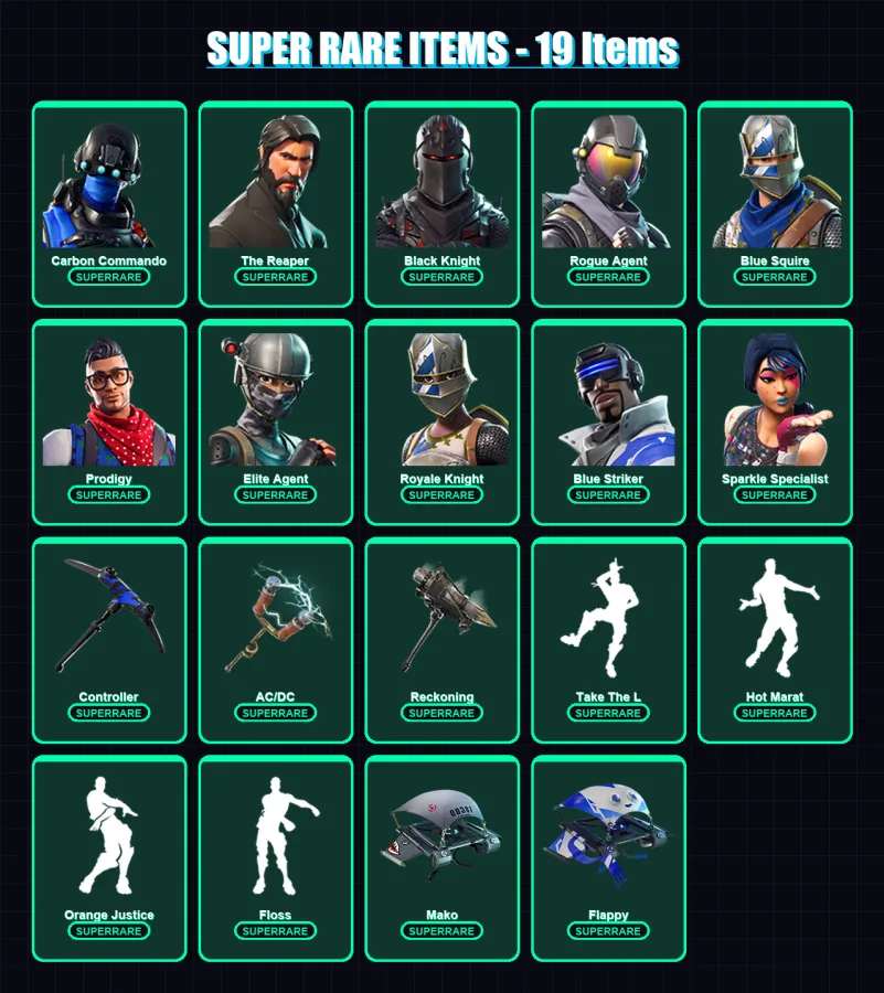 [PS4/PS5/XBOX/PC] | Carbon Commando | The Reaper | Black Knight | Rogue Agent | Blue Squire | 37 skin | 33 pickaxe | 34 emote | 39 glider | Lv533