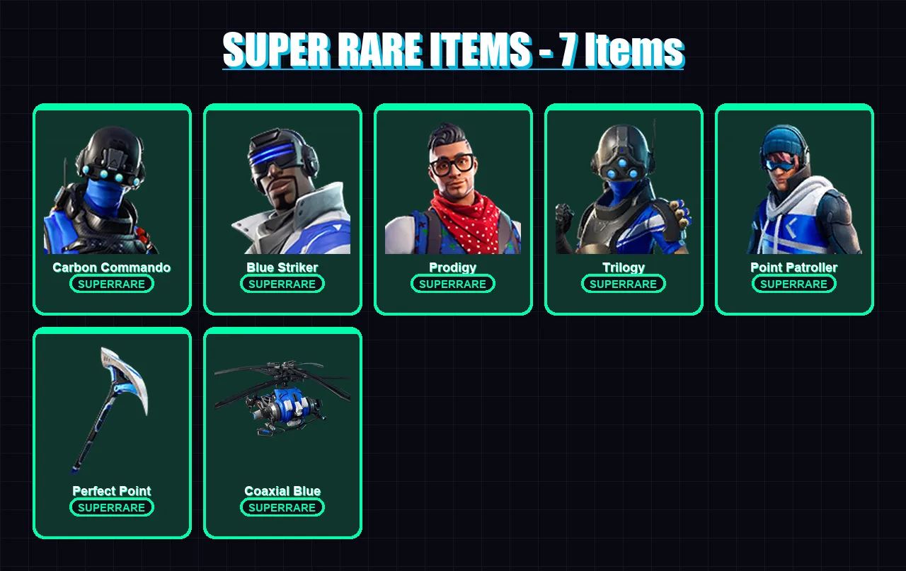 [PS4/PS5/XBOX/PC] | Carbon Commando | Blue Striker | Prodigy | Trilogy | Point Patroller | 6 skin | 9 pickaxe | 13 emote | 14 glider | Lv317