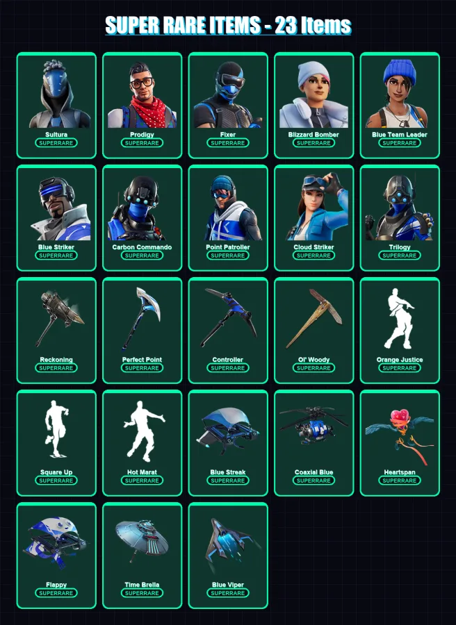 [PS4/PS5/XBOX/PC] | Sultura | Prodigy | Fixer | Blizzard Bomber | Blue Team Leader | 106 skin | 146 pickaxe | 134 emote | 143 glider | Lv2069 — Fortnite account