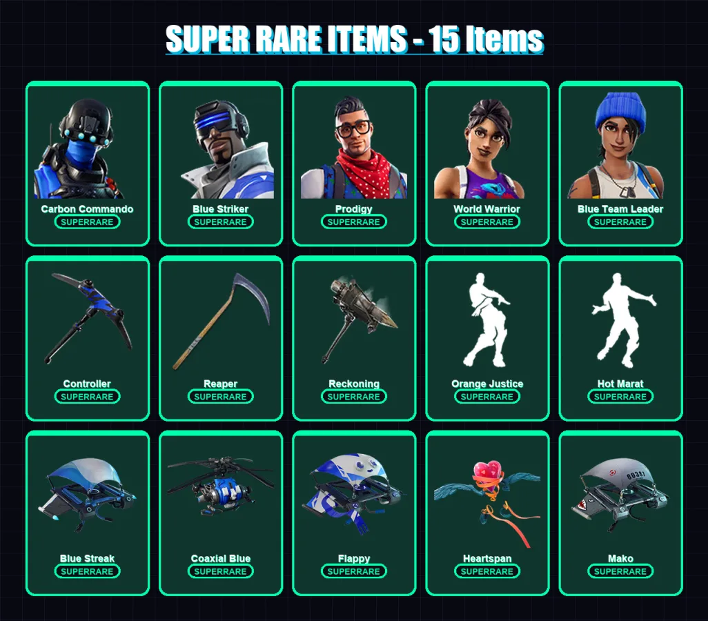 [PC/XBOX/PSN] | Carbon Commando | Blue Striker | Prodigy | World Warrior | Blue Team Leader | 82 skin | 64 pickaxe | 81 emote | 64 glider | Lv1062