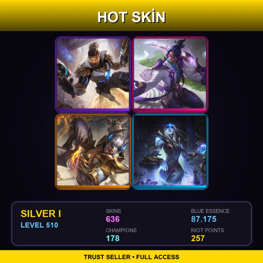 NA | Prestige Pulsefire Lucian | Prestige Spirit Blossom Master Yi | Prestige Obsidian Dragon Sett | 636 Skin | 178 Champ | Silver I | Lv510