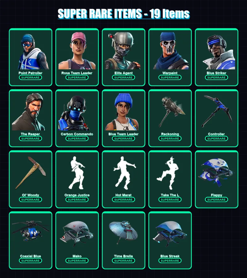 [PC/XBOX/PSN] | Point Patroller | Rose Team Leader | Elite Agent | Warpaint | Blue Striker | 46 skin | 61 pickaxe | 61 emote | 61 glider | Lv1035